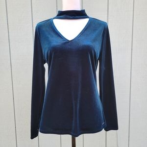 Tahari teal velour V-neck high collar top